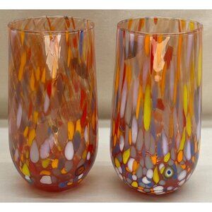 2 Murano Glass Vetro Eseguito Colorful Orange Tumblers Glasses 5 1/2"